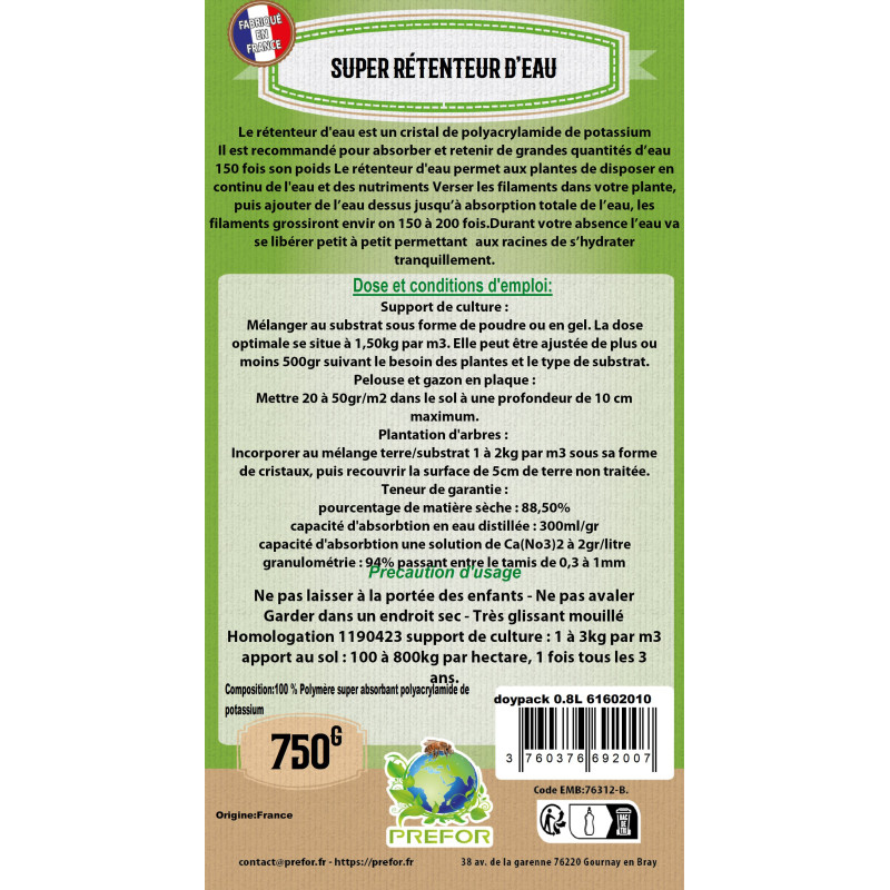 Super hydrorétenteur d'eau Doypack 0.8L 750g