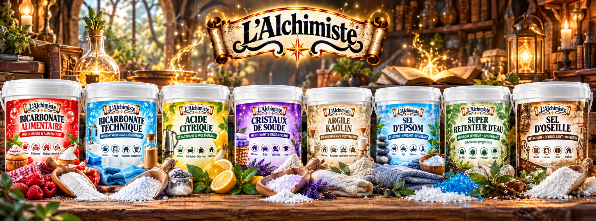 La gamme des produits L'Alchimiste : bicarbonates, acide citrique, cristaux de soude, argile, sel d'Epsom et autres poudres