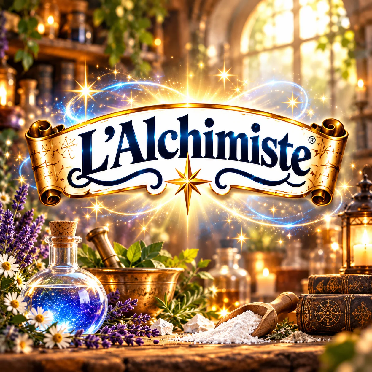 L'atelier magique L'Alchimiste, fiole lumineuse, parchemin et poudres